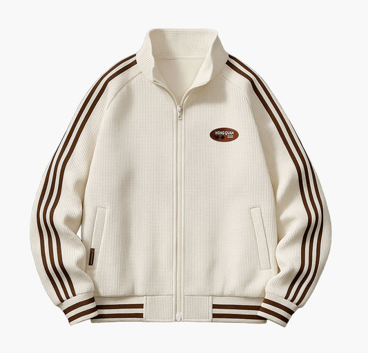 Men’s Lightweight Bomber Jacket – Black Zip-Up with White Stripes & Logo