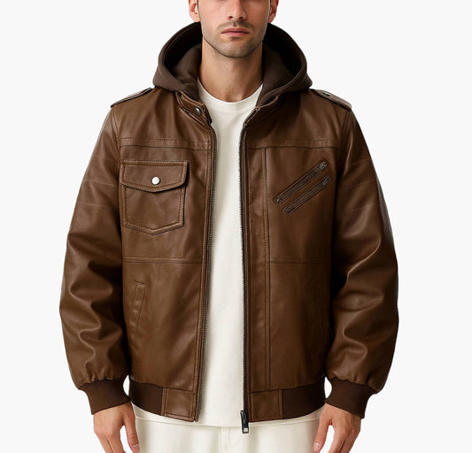 Men’s Hooded Motorcycle Jacket – Full-Zip Casual Coat with Button Closure