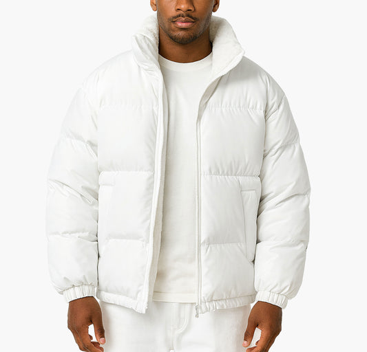 Men’s Winter Hooded Jacket – Thick Polyester Zip-Up Coat with Ribbed Cuffs