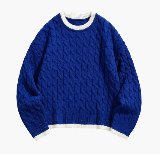 Men’s Navy Blue Crewneck Sweater – Cable-Knit Accent Pullover for All Seasons