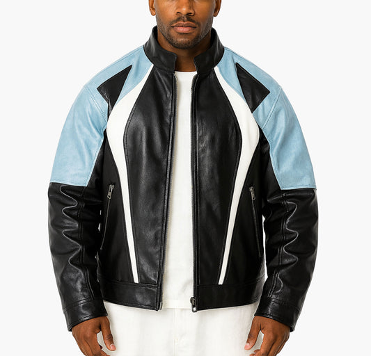 Men’s Geometric Print Jacket – Color-Matching Zip-Up with Lapel & Pockets