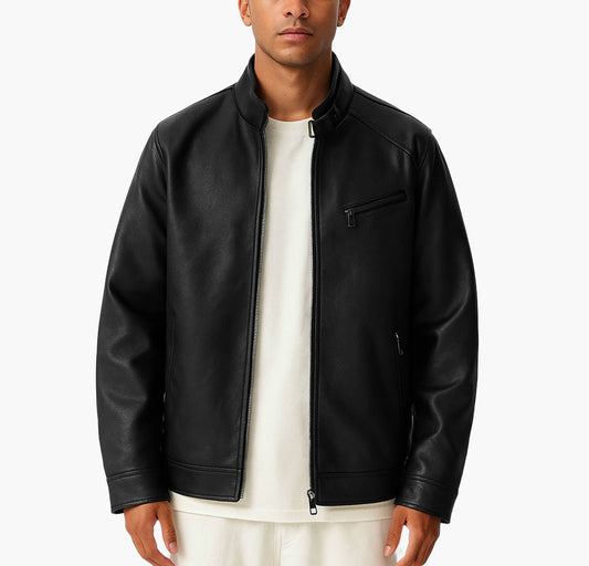 Men’s PU Leather Jacket – Stand Collar Punk Style Motorcycle Coat