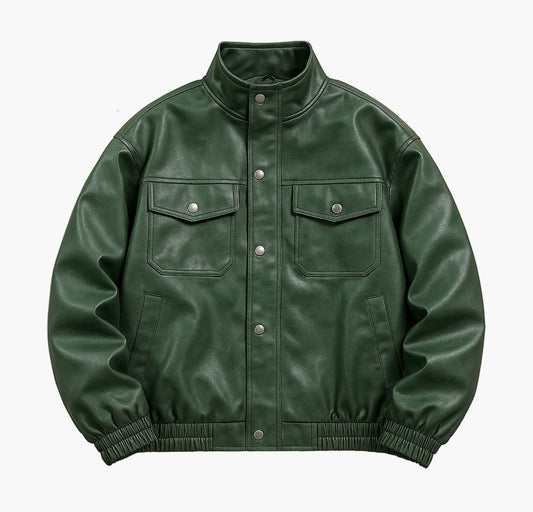 Men’s Luxury Jacket – Full-Zip Stand Collar Long Coat with Glossy Finish