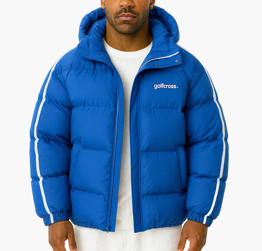 Men’s Heavy-Duty Winter Hooded Jacket – Blue & White Striped Full-Zip Coat