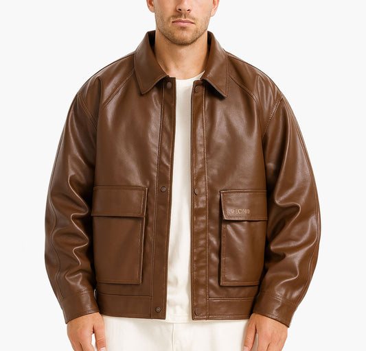 Men’s Glossy PU Jacket – Zip-Up Lapel Collar Outerwear