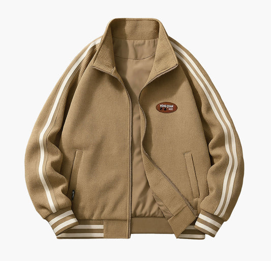 Men’s Lightweight Bomber Jacket – Black Zip-Up with White Stripes & Logo