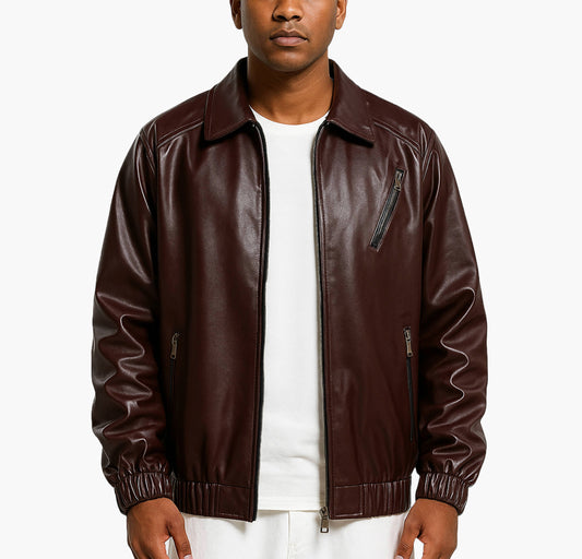 Men’s Slim-Fit Faux Leather Jacket – Hooded Windproof Zip-Up Coat