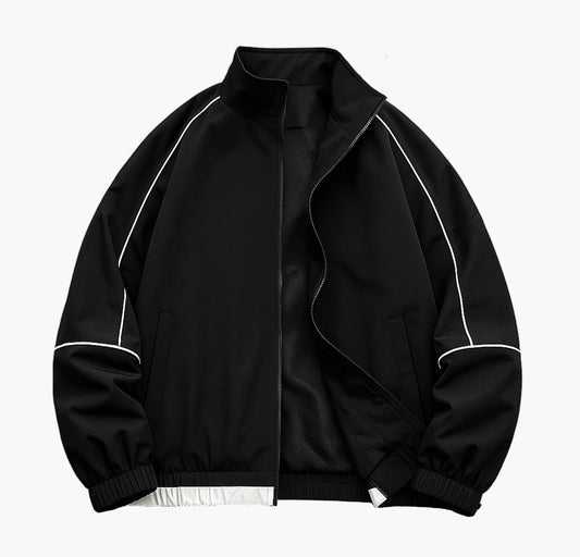 Unisex Color Block Striped Jacket – Men’s Zip-Up Casual Coat with Ribbed Cuffs