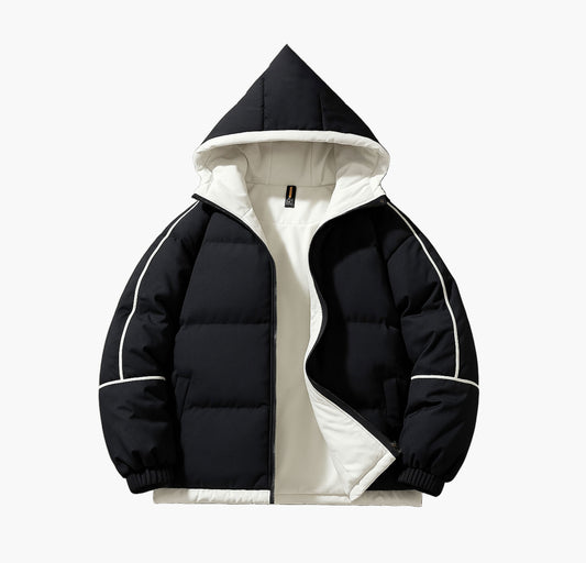 Men’s Hooded Winter Jacket – White & Black Zip-Up Coat with Insulated Fill