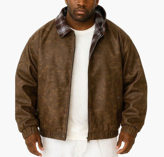 Men’s Vintage Faux Leather Bomber Jacket – Brown & Black with Plaid Collar