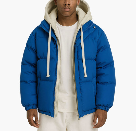 Men’s Half-Zip Hooded Winter Jacket – Color-Block Insulated Outdoor Coat