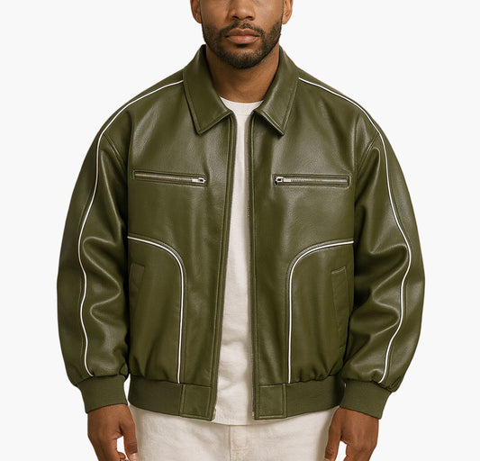 Men’s Stylish Windproof PU Jacket – Black with White Stripes