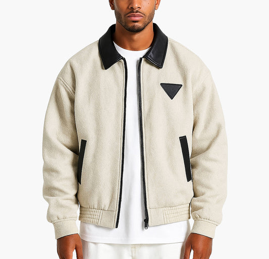 Men’s Casual Hooded Jacket – Embroidered Patch Color-Block Zip-Up