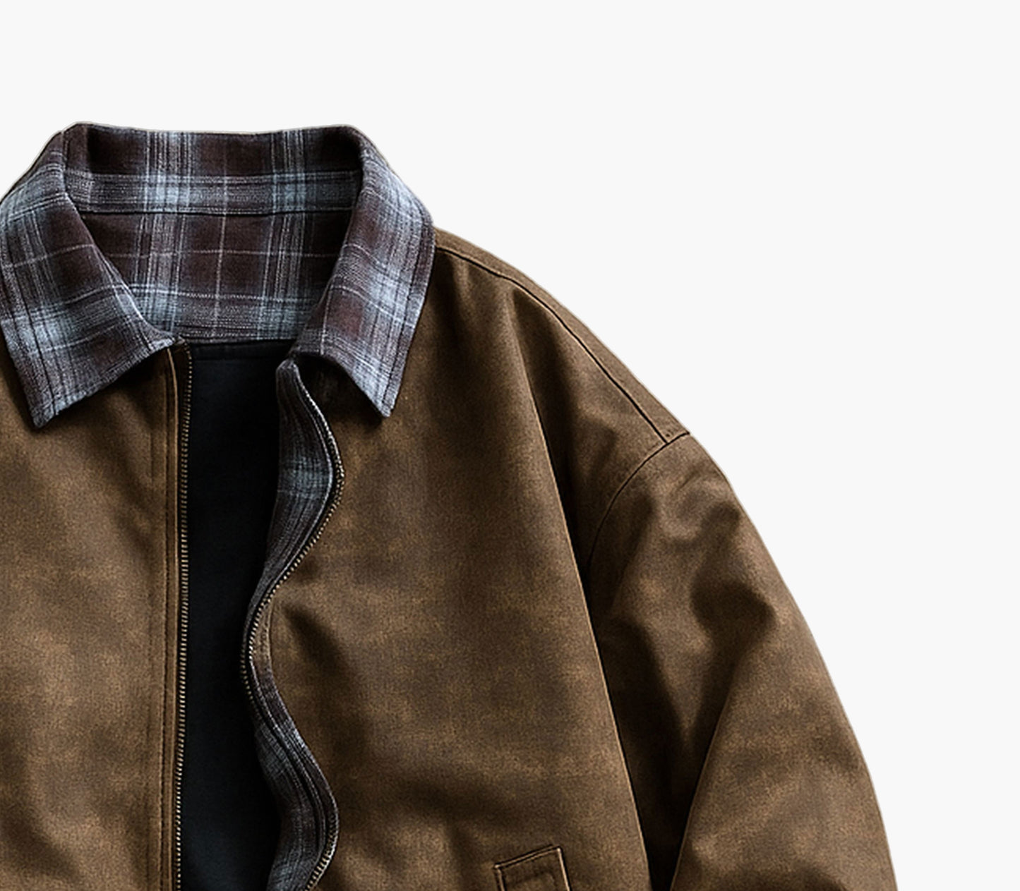 Men’s Vintage Faux Leather Bomber Jacket – Brown & Black with Plaid Collar