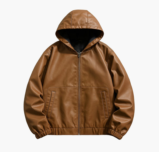Men’s Brown Hooded Jacket – Casual Loose Fit Zip-Up Windbreaker with Pockets