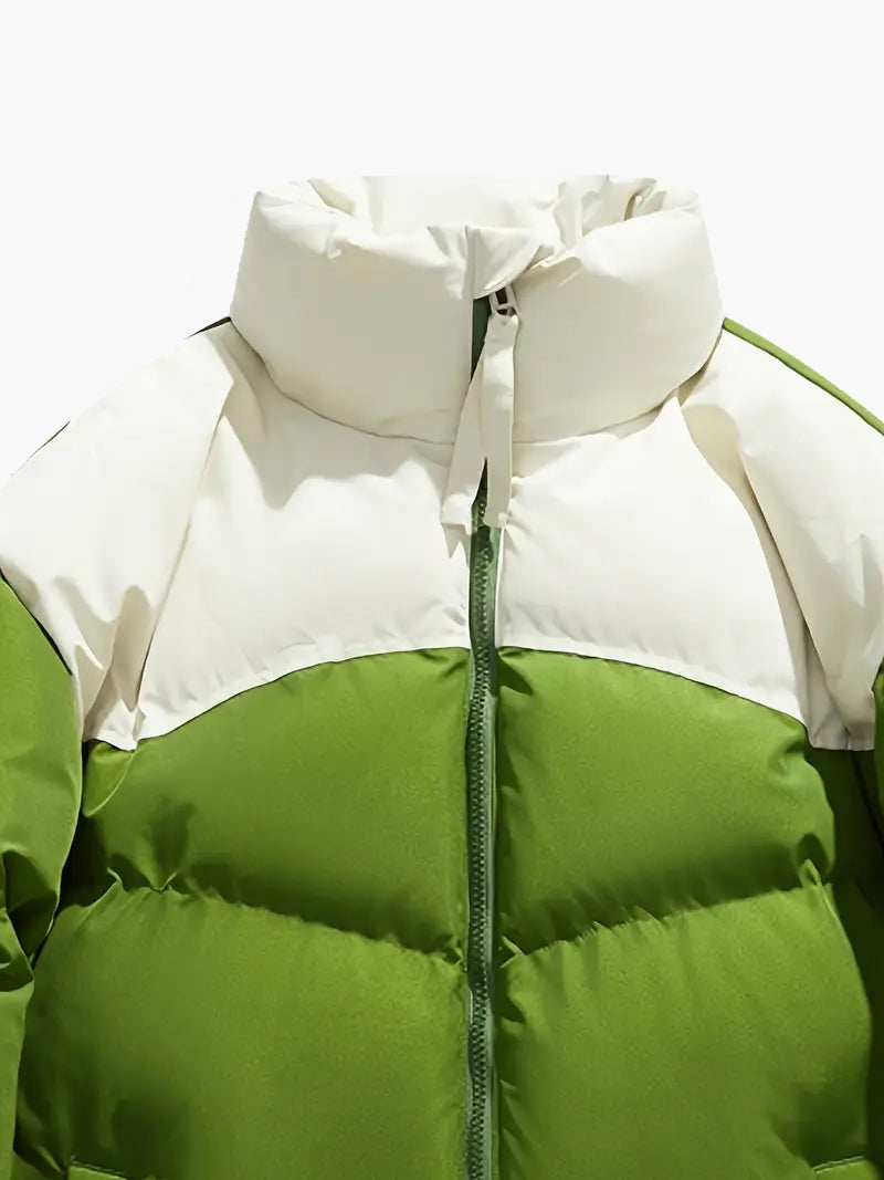 Men’s Winter Warm Jacket – Stand Collar Color Block Zip-Up Coat