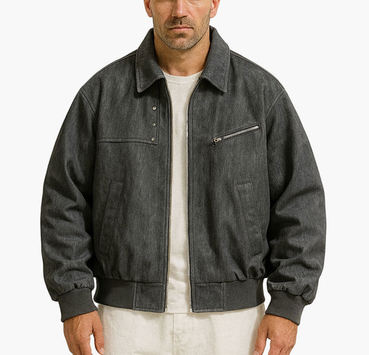Men’s Vintage Bomber Jacket – Beige Faux Leather Motorcycle Style