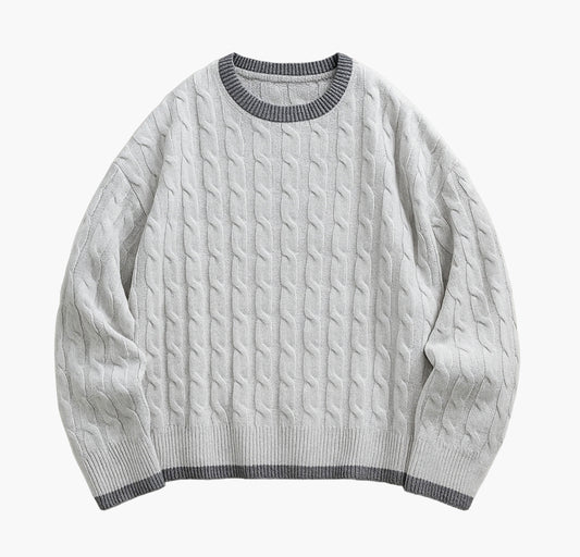 Men’s Navy Crewneck Sweater – Cable-Knit Long Sleeve Pullover for All Seasons