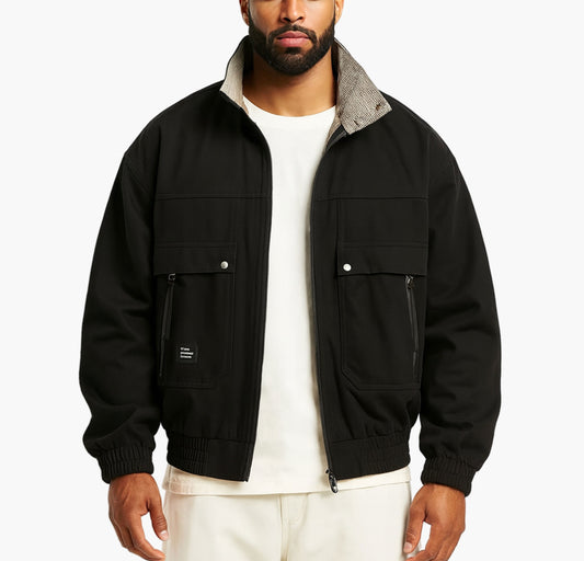 Men’s Casual Bomber Jacket – Black Zip-Up with Beige Collar