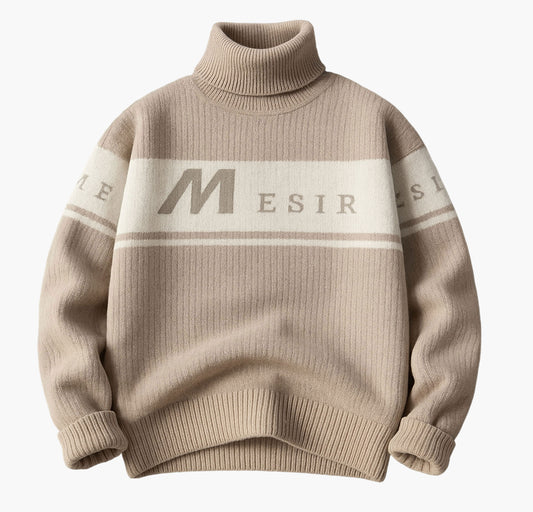 Men’s Stripe Knit Sweater – Beige & Brown Pullover with “M” Letter Design