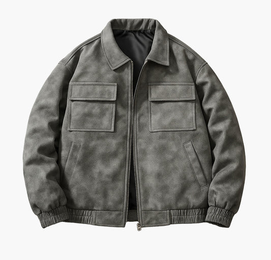 Men’s Gray Bomber Jacket – Casual Zip-Up Streetwear Coat with Pockets