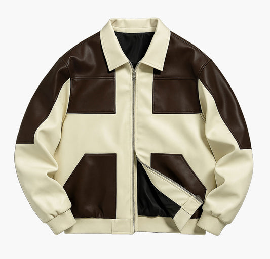 Men’s Faux Leather Colorblock Bomber Jacket – Beige & Brown Short Zip-Up