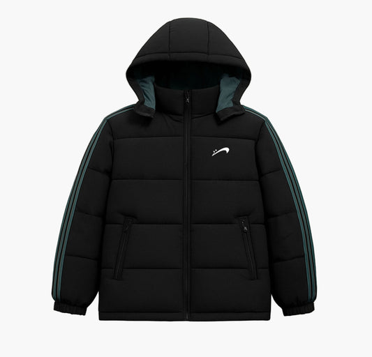 Men’s Winter Hooded Padded Jacket – Striped Coat with Zipper & Belt