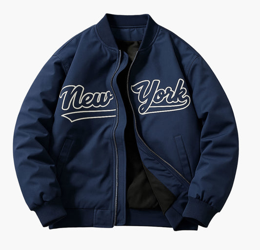 Men’s Casual Baseball Jacket – Black Zip-Up with New York Letter Print