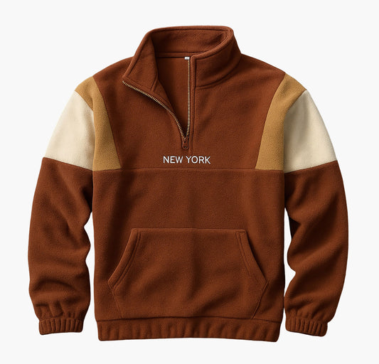 Unisex Block Fleece-Lined Jacket – Zip-Up Coat with “New York” Embroidery