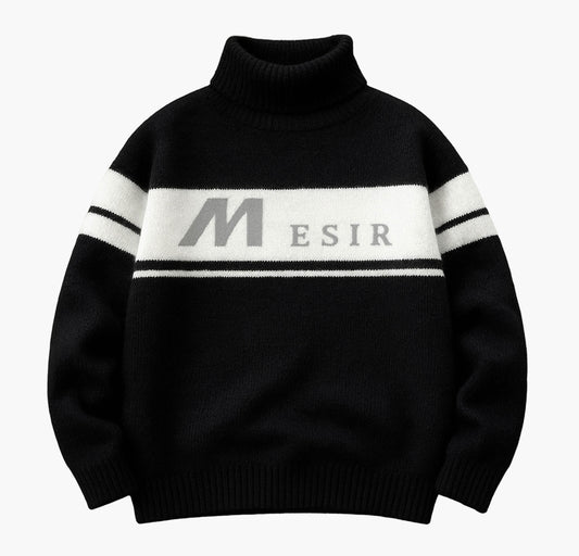 Men’s Stripe Knit Sweater – Beige & Brown Pullover with Letter “M” Design