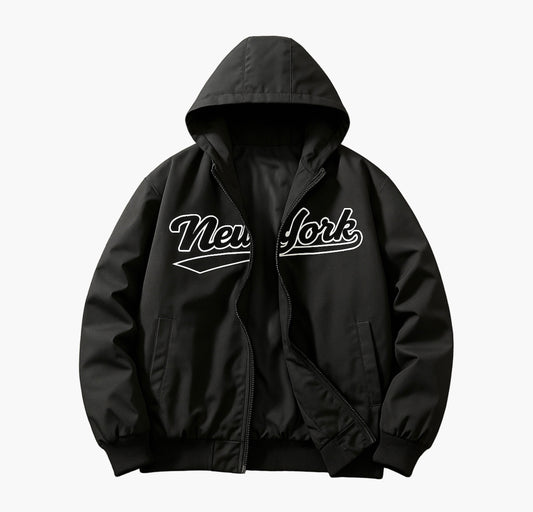 Men’s Baseball Jacket – Black Zip-Up Casual Coat with New York Letter Print