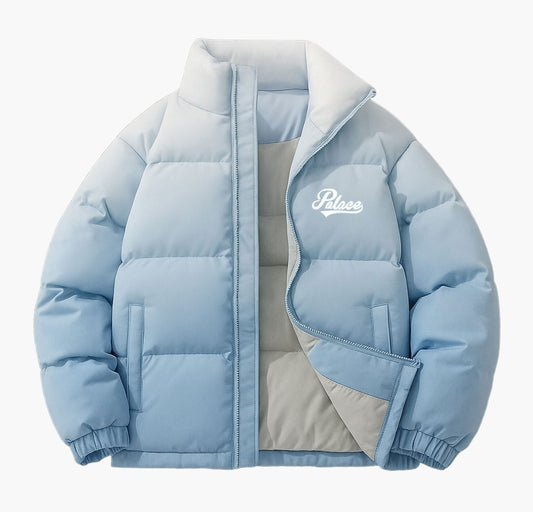 Men’s Light Blue & White Colorblock Winter Jacket – Thick Zip-Up Coat