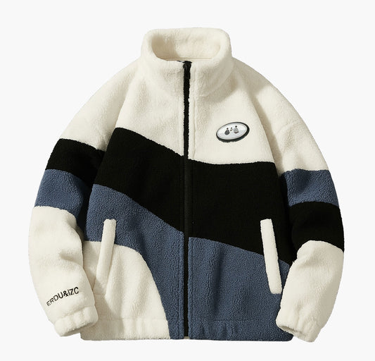 Men’s Plush Fleece Jacket – Thick Warm Color Block Zip-Up Winter Coat