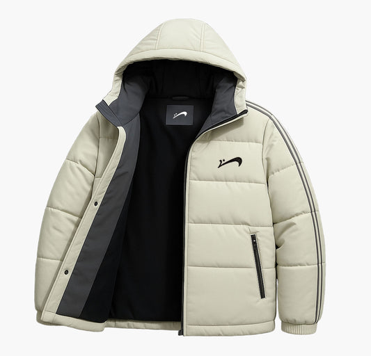 Men’s Thick Winter Hooded Jacket – Striped Padded Coat with Zipper & Belt