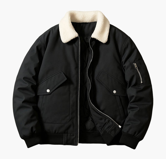 Men’s Polyester Bomber Jacket – Plush Collar Winter Coat