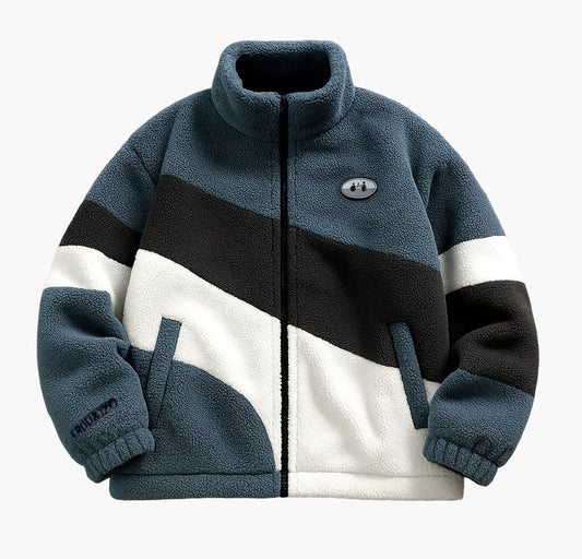 Unisex Colorblock Plush Fleece Jacket – Warm Zip-Up Coat with Stand Collar