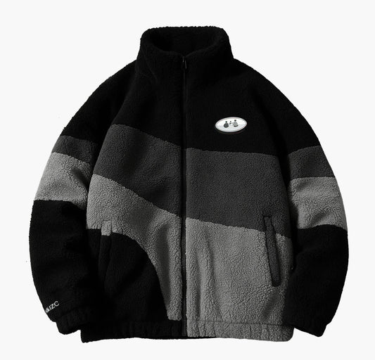 Men’s Thick Plush Fleece Jacket – Warm Color Block Zip-Up Winter Coat