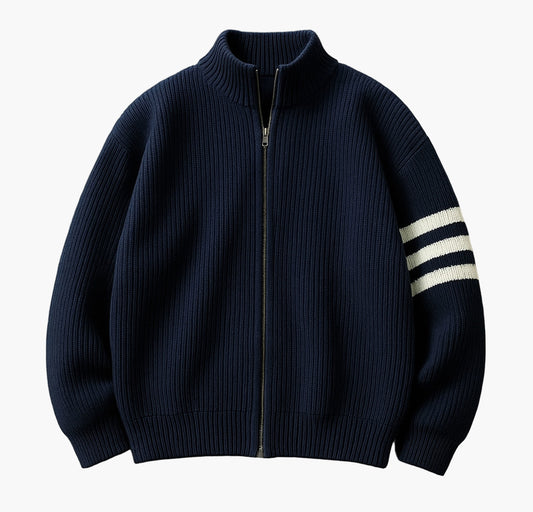 Men’s Oversized Striped Knit Sweater – Half-Zip Winter Coat