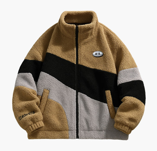 Unisex Color Block Plush Fleece Jacket – Warm Zip-Up Coat with Stand Collar