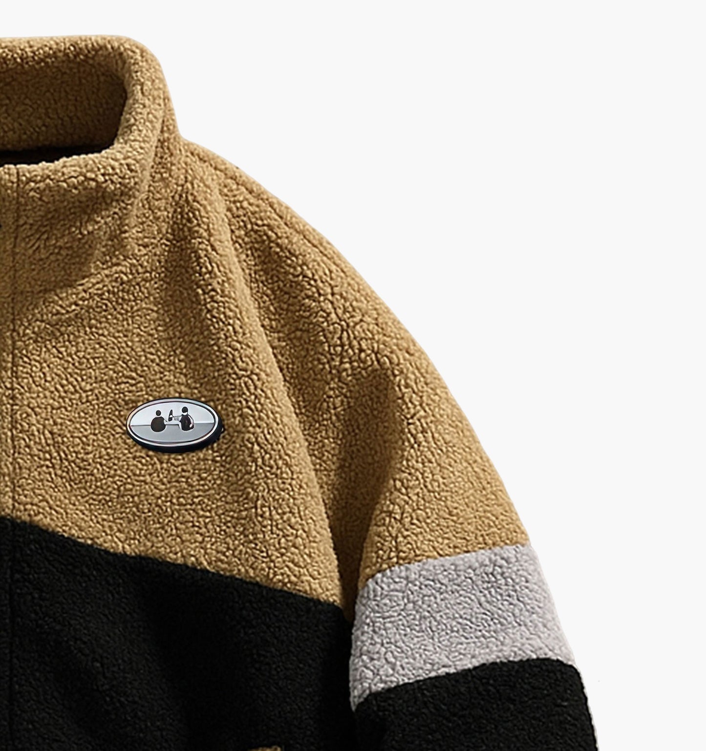 Unisex Color Block Plush Fleece Jacket – Warm Zip-Up Coat with Stand Collar