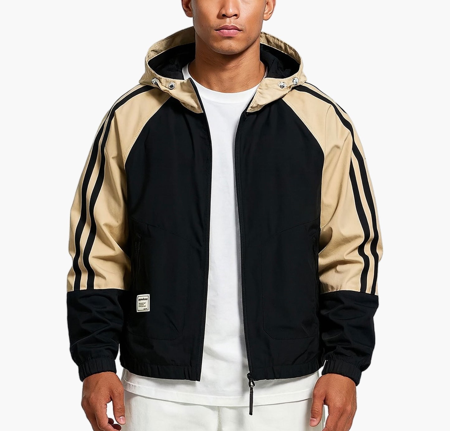 Men’s Color Block Hooded Jacket – Loose Fit Zip-Up with Pockets for Streetwear