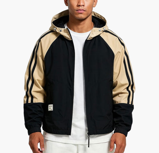 Men’s Color Block Hooded Jacket – Loose Fit Zip-Up with Pockets for Streetwear