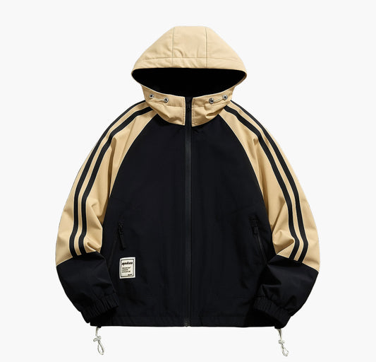 Men’s Color Block Hooded Jacket – Loose Fit Zip-Up with Pockets for Streetwear
