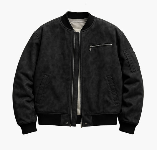 Men’s PU Leather Bomber Jacket – Double Zipper Design, Baseball Collar, and Pockets