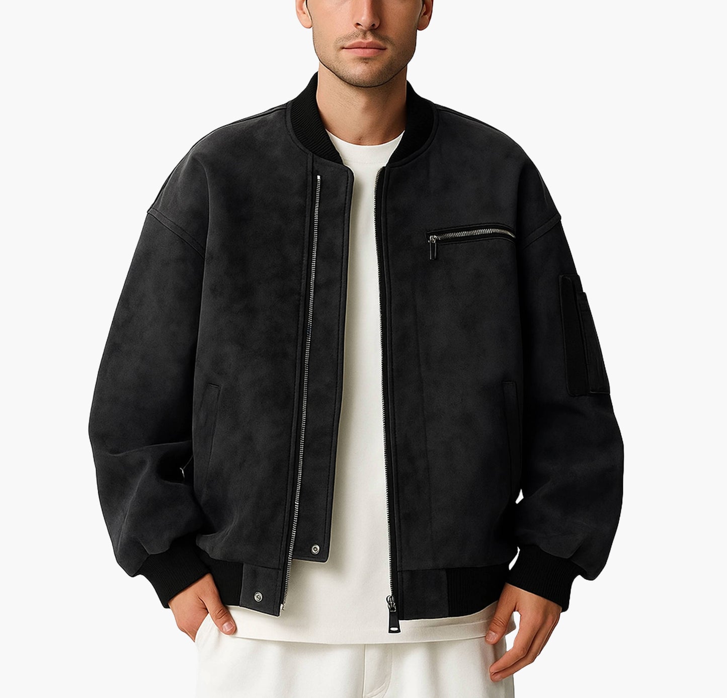 Men’s PU Leather Bomber Jacket – Double Zipper Design, Baseball Collar, and Pockets