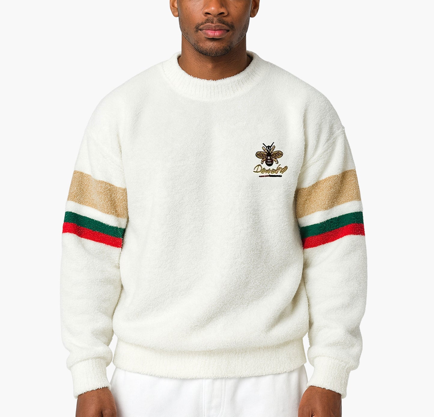 Men’s Fleece-Lined Knit Sweater – Brown Geometric Crew Neck