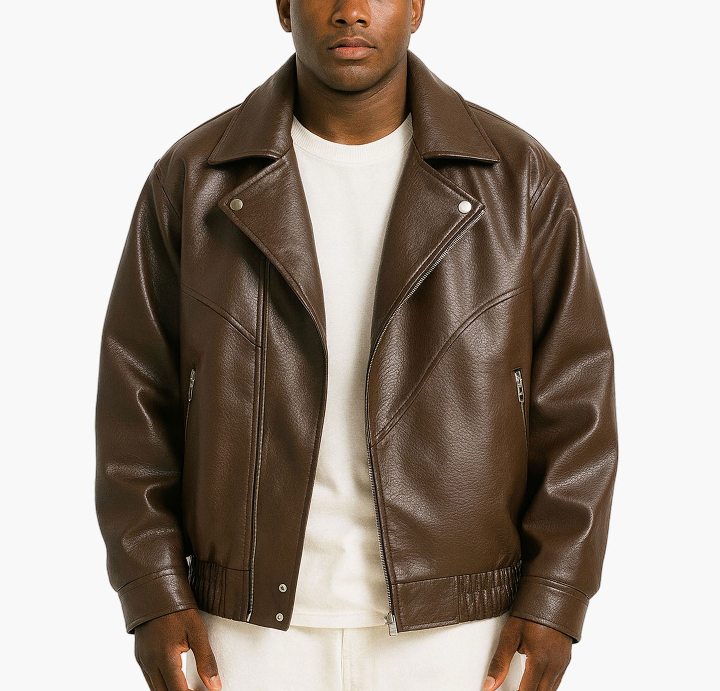 Men’s Casual Faux Leather Jacket – Zipper Front with Lapel Collar