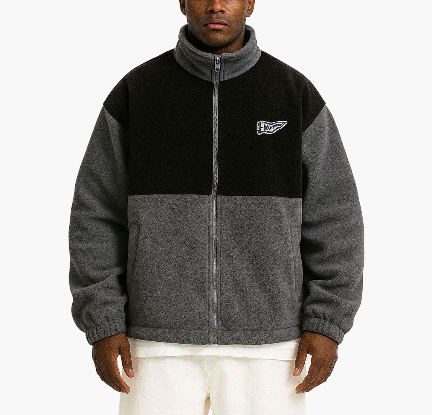 Men’s Color Block Jacket – Black & Gray Zip-Up Casual Coat with Stand Collar