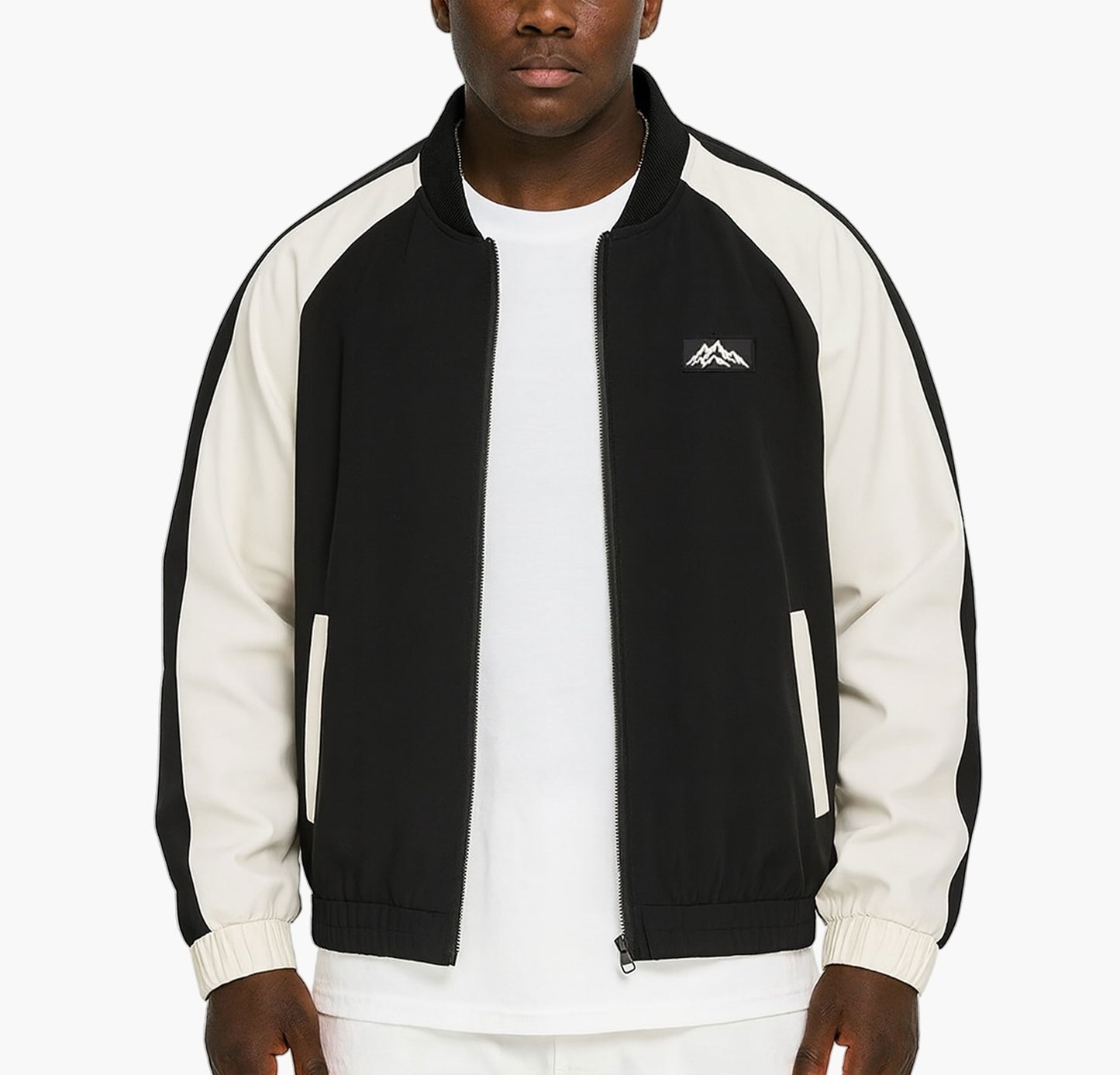 Men’s Casual Color Block Jacket – Navy & White Zip-Up with Pockets