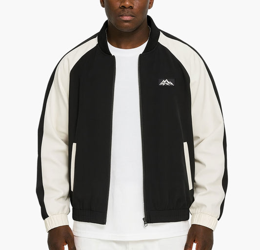 Men’s Casual Color Block Jacket – Navy & White Zip-Up with Pockets